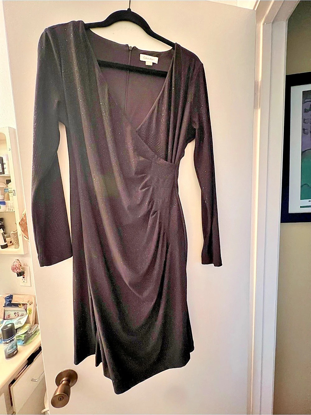 Calvin Klein black long sleeve with sparkle Faux-Wrap Sheath Dress with rushing